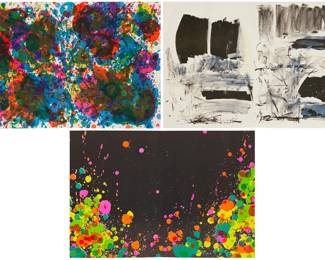 153 "Fresh Air School Exhibition of Paintings: Sam Francis, Joan Mitchell, Walasse Ting, " folio catalogue, 1972 From the edition of 6,000 The complete folio with three double-page lithographs in colors on wove paper; each unsigned and unnumbered, and with identifying text printed verso; all sheets, including the title page, content pages, and the three double-page color lithographs just mentioned, are loose and with the central vertical fold as issued; complete with the blue paper covers with printed title and artist names; Arte, Adrien Maeght, Paris, France, prntr.; Museum of Art, Carnegie Institute, Pittsburgh, PA, pub. Image/Sheet of each color lithograph: 15" H x 22" W; Folio format: 15" H x 11" W Estimate: $400 - $600
