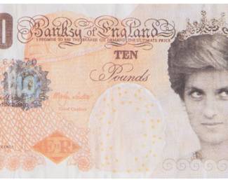 344 Banksy (b. 1974) "Di-Faced Tenner," 2004 Offset lithograph in colors, on paper, double-sided From the edition of unknown size and date Unsigned as issued, with the artist's name incorporated into part of the image along the upper edge: "Banksy of England" Image/Sheet: 3" H x 5.75" W Estimate: $400 - $600