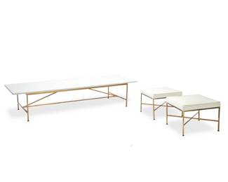 170 Paul Winthrop McCobb (1917-1969) A Modern cocktail table and two ottomans, mid-20th century Each unmarked With a rectangular pure white marble top, raised on four brass legs joined by an H-stretcher, accompanied by two conforming ottomans with white vinyl covered cushions 3 pieces Table: 15" H x 72" W x 24" D; Each ottoman: 15.75" H x 20.25" W x 20.25" D Estimate: $2,000 - $3,000