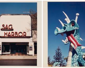 299 John Samuel Margolies (1940-2016) Two photographs  "Sea Serpent, Magic Carpet Golf, Key West, Florida," from the "Roadside America Series," 1985 Large format Kodak color photograph on paper Signed, titled, dated, and inscribed in black ink, verso: John Margolies / "January, 1988 / Magic Carpet Golf / Key West, Florida" Image: 19.5" H x 13.125" W; Sheet: 20.125" H x 16.125" W  Literature: Library of Congress, Washington, D.C., Roadside America Photographs by John Margolies Online Archive  "Sag Harbor Theater" from the "Roadside America Series," 1988 Large format Kodak color photograph on paper Signed, titled, dated, and inscribed in black ink, verso: John Margolies / "June 1991 / Sag harbor Theater / Sag Harbor, New York / 10." Image: 19.125" H x 13.125" W; Sheet: 20.125" H x 16.125" W  Literature: Margolies, John, "Ticket to Paradise: American Movie Theaters and How We Had Fun," (Little, Brown, and Company, Boston, MA), 88.  2 pieces Estimate: $300 - $500