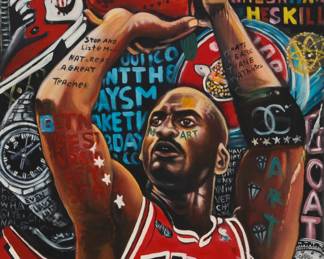 397 Style of Jisbar (b. 1989) Michael Jordan, 2010 Oil on canvas Signed and dated upper right edge: C. Tobior 10 51.5" H x 38" W Estimate: $500 - $700
