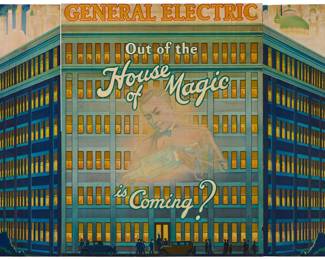371 General Electric's "House of Magic" promotional display (triptych) Lithograph in colors on board From the edition of unknown size and date Unsigned; with the printed inscription "R-028" in the left panel at lower right Largest panel: 49" H x 39.125" W; Two smaller panels: 49" H x 19.75" (irreg.); Overall: 49" H x 78.625" W x 1.5" D Estimate: $600 - $800