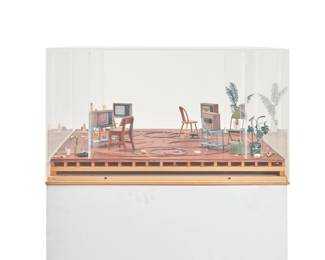 204 Roland Reiss (1929-2020) "The Dancing Lessons: Simple Awareness," 1977 Mixed media tableaux in Plexiglas case, set on a painted wood plinth Signed and titled in pencil to base: Roland Reiss Overall: 14" H x 24.25" W x 24.25" D; Plinth: 33.5" H x 24.25" W x 24.25" D Estimate: $1,000 - $2,000