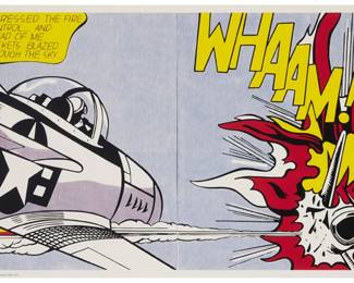 246 After Roy Lichtenstein (1923-1997) "Whaam" Reproduction of two offset lithographs in colors on paper From an edition of unknown size and date, presumably after 1988 Unsigned; with the artist, artwork, and Tate Gallery, London information reproduced along the lower sheet edge Image: 16" H x 38" W; Sheet: 17" H x 39" W Estimate: $400 - $600