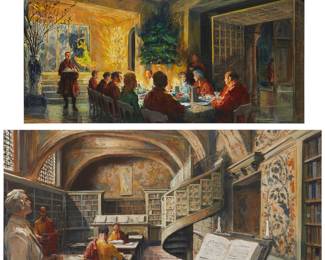 11 Mentor Huebner (1917-2001) Two works:  Figures seated at a table Acrylic on board laid to board Signed faintly lower right: Mentor Huebner Sight: 14.5" H x 30.75" W  Figures in a library Acrylic on board laid to board Signed lower right: Mentor Huebner Sight: 16" H x 35.5" W  2 pieces Estimate: $600 - $800