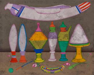269 Mihail Chemiakin (b. 1943) "Still Life: Transformation Egyptian" Oil on canvas Signed and dated lower left: M. Chemiakin / 79-9/r.; signed again verso; titled on a label affixed to the frame's backing paper 35" H x 45" W Estimate: $400 - $600