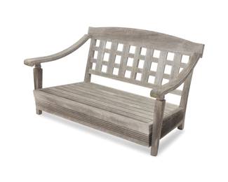 412 In the manner of Kipp Stewart (1928-2022) A teak patio bench, early 21st century Unmarked The two-seater with checkered back and rolled armrest terminals above a slatted seat 34.75" H x 57" W x 36.5" D Estimate: $300 - $500