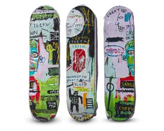 360 After Jean-Michel Basquiat (1960-1988) A skateboard deck triptych after "In Italian" (1983) by The Skateroom, early 21st century From the open edition originally released 2014 Each top printed: THE SKATEROOM / X / [Jean-Michel Basquiat signature] ® Screen-printed skateboards housed in original cloth case 3 pieces Each: 31.75" L x 8" W Estimate: $600 - $800