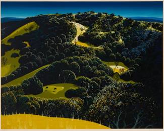 110 Eyvind Earle (1916-2000) "Santa Ynez 1," 1974 Screenprint in colors on paper Edition: 165/275 Signed and numbered in pencil in the lower margin: Eyvind Earle Image: 22" H x 28" W; Sight: 22.5" H x 28.5" W Estimate: $500 - $700