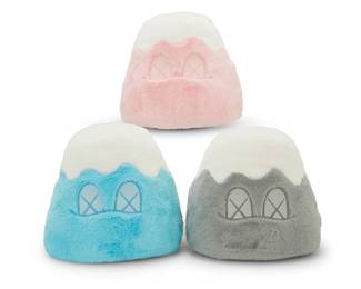 338 Brian "KAWS" Donnelly (b. 1974) Three KAWS:Holiday Japan Mount Fuji plush toys, 2019 From the edition of unknown size Grey numbered: 0275; pink: 0607; turquoise: 1158 In collaboration with AllRightsReserved Ltd., each color of the edition represented and housed in original box 3 pieces Each toy: 8.5" H x 9" Dia.; Each box: 9" H x 9" W x 9" D Estimate: $300 - $500