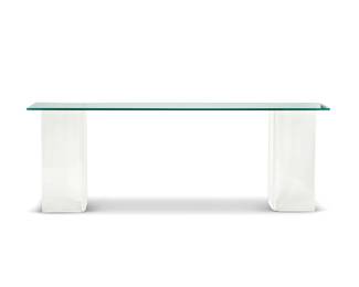 321 A Modern glass and acrylic console table Late 20th century Unmarked The beveled glass top raised on two L-form acrylic supports Each support: 33" H x 13.625" W x 13.62" D; Glass: 0.75" H x 94.125" W x 18.125" D Estimate: $500 - $700