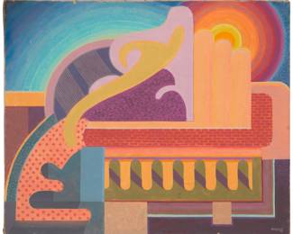 63 Oscar Galgiani (1903-1994) "Brick Panel - Abstract," 1976 Oil on canvas Signed and dated lower right: Galgiani / 76; titled on the stretcher 25" H x 30.25" W Estimate: $500 - $700