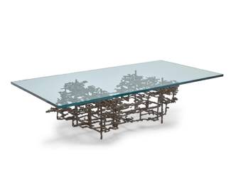 200 Daniel Gluck (20th Century) A Brutalist metal coffee table, circa 1970s Impressed: GLUCK With glass top Base: 14.5" H x 52" W x 24.5" D; Glass: 60" W x 30" D Estimate: $1,000 - $2,000