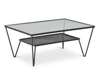 366 In the manner of Muriel Coleman (1917-2003) A Modern wrought iron and glass table, late 20th century The enameled frame with inset glass top and wire undertier 15.5" H x 36.25" W x 24.125" D Estimate: $400 - $600