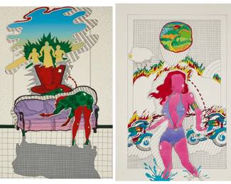 305 Michael Peters (b. 1943) Two works:  A woman cleaning a couch, 1970 Lithograph in colors on wove paper A bon à tirer impression, aside from the edition of unknown size Signed, dated, and inscribed in pencil along the lower edge: Michael Peters / BAT; Cirrus Editions, Los Angeles, CA, pub., with their blindstamp in the lower left sheet corner Image/Sheet: 29.5" H x 20" W  Female motorcyclist Mixed media on thick Strathmore paper Unsigned Image/Sheet: 30" H x 20.125" W Estimate: $500 - $700