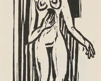 5 Ernst Ludwig Kirchner (1880-1938) Standing nude (an illustration from an unidentified publication), circa 1920s Woodcut on smooth cream wove paper From the edition of unknown size and date, wtih an addtional woodcut image and German text printed on the verso Unsigned Image: 5.5" H x 2.5" W; Sheet: 9.75" H x 6.25" W Estimate: $300 - $500
