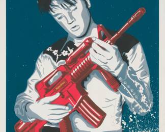 398 Mr. Brainwash (b. 1966) "Don't Be Cruel," 2008 Lithograph in colors with acrylic embellishments on paper Edition: 1/1 Signed in pencil on the shirt, lower right: Mr. Brainwash; signed again and with the artist's device, dated "2008-," and numbered, all in crayon, and with the artist's red ink thumbprint, all verso; titled from the artist's certificate of authenticity affixed to the frame's backing board Image: 46.25" H x 34.5" W; Sight: 49.5" H x 37.5" W Estimate: $600 - $800