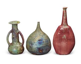 101 Beatrice Wood (1893-1998) Three glazed earthenware vessels, mid/late 20th century Each signed to underside: BEATO 3 pieces Tallest: 8.875" H x 4.125" W x 2.75" D; Shortest: 6.25" H x 3.5" W x 3.125" D Estimate: $600 - $800