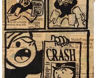 340 Alec Monopoly (b. 1986) Crash Acrylic and newspaper collage on canvas Unsigned 20" H x 16" W Estimate: $1,500 - $2,500