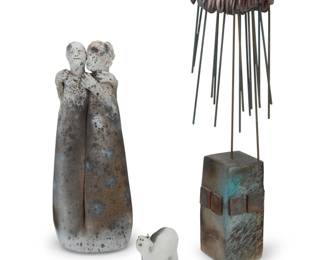 129 Grady Kimsey (1928-2025) A figural sculpture tableau, late 20th century Each unmarked Ceramic and metal, comprising a raincloud, two figures embracing, and an animal 3 pieces Conjoined: 12.375" H x 4.75" W x 2.375" D; Raincloud with base: 17.5" H x 5.5" W x 3.5" D Estimate: $400 - $600