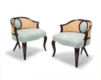 13 Christopher Guy (1960-2020) A pair of 'Cambre' bergères, early 2000s Each impressed to legs verso: CG With ebonized wood frame, rattan seatback, and pale green upholstered seat and oval seatback accent, raised on front cabriole and rear crisscross legs Each: 31" H x 29" W x 27" D Estimate: $300 - $500