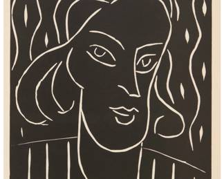 6 Henri Matisse (1869-1954) "Teeny," 1938 Linoleum cut on wove paper From the unsigned edition of 1500 (there is also a signed and numbered edition of 100) Initialed and dated as part of the image, lower left: HM / 83 [38]; Publication text line printed verso: "Henri Matisse. Linoleum engraving for the XXe siècle. 1938."; XXe Siècle, Paris, France, pub. Image: 11.625" H x 8.75" W; Sheet: 12.25" H x 9.125" W Estimate: $400 - $600