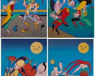 270 Mihail Chemiakin (b. 1943) Four plates, from the "Carnival St. Petersburg" series Each: lithograph in colors on paper Edition of each: 159/195 Each signed and numbered in pencil lower right: M. Chemiakin; each titled on a label affixed to the frame's backing paper: "Danse D'ete," "Danse D'Hiver," "Les Spectateurs Mysterieux," and "Danse du Printemps"  Four pieces Image/Sheet of each: 36" H x 25.75" W Estimate: $600 - $800