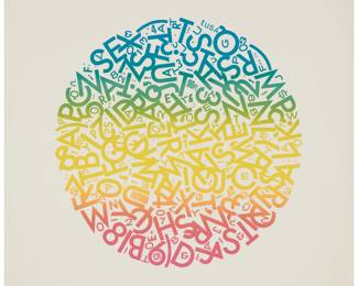 222 Jules Engel (1909-2003) "The Alphabet," 1971 Screenprint in colors on paper A bon à tirer impression, aside from the edition of 25 Signed and inscribed "BAT" in pencil in the lower margin: Jules Engel; Cirrus Editions, Los Angeles, CA, pub., with their gray ink stamp and pencil work number, 40CS-JE71, verso Image: 15.5" H x 15.5" W; Sheet: 21.5" H x 21.5" W Estimate: $400 - $600