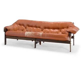 199 Percival Lafer (b. 1936) A Model MP-41 leather sofa, circa 1960s Designed 1965 Unmarked The three-seater with rosewood frame and tufted brown leather upholstery 27.25" H x 84" W x 36" D Estimate: $600 - $800