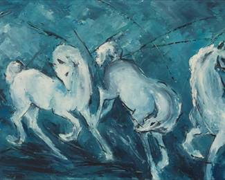 137 Violet Parkhurst (1921-2008) Prancing white horses Oil on Masonite Signed lower right: Parkurst; signed and inscribed in paint with the artist's address verso: Violet Parkhurst 15" H x 40.5" W Estimate: $400 - $600