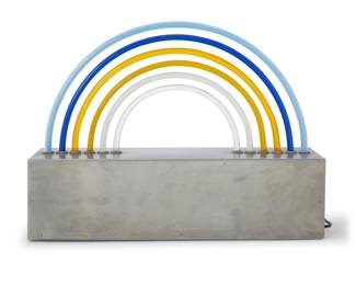 291 A Let There Be Neon rainbow table lamp Circa 1980s With applied shop label to base With a brushed stainless-steel base, electrified 15" H x 20.125" W x 6" D Estimate: $300 - $500