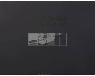 196 Thaddeus Strode (b. 1964) "Dead Men Tell No Tales (What Do You Want to Come Back As?)," 1992 Lithograph on on black paper A bon à tirer impression (aside from the Cirrus proofs, Artist's proofs, Printer's proofs, Progressive proofs and the numbered edition of 45) Signed, titled, dated, and inscribed "B.A.T." in white pencil in the lower margin: Thaddeus Strode '92; Cirrus Editions, Los Angeles, CA, pub. with their blindstamp lower left, and their white ink stamp and white pencil work number, 508C-TS92, verso Sheet: 30.25" H x 44.5" W Estimate: $500 - $700