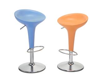 363 Stefano Giovannoni (b. 1954) Two 'Bombo' barstools for Magis, early 21st century; Italy Designed 1997 Each with factory label applied to underside The orange and powder blue seats raised on adjustable chromed steel bases 2 pieces Each highest: 31.5" H x 17.5" W x 15.25" D; Each lowest: 24.25" H Estimate: $200 - $400