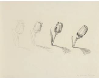 189 Karen Hansen Carson (b. 1943) Four tulips Lithograph on paper From the edition of unknown size and date Signed in pencil lower right: K. Hansen Carson; inscribed "How To Draw A ..." on a typed label affixed verso Image: 9" H x 22" W (irreg.); Sheet: 20" H x 26.25" W Estimate: $500 - $700