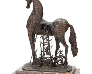18 A Brutalist Trojan Horse bronze sculpture Edition: H.C. 4/50 Further marked to base: FONDERIE ST. MAUR / CENTER ART-HAWAII On marble plinth Horse: 17.5" H x 12" W x 5.5" D; Overall: 18.5" H x 14.5" W x 10.5" D Estimate: $300 - $500