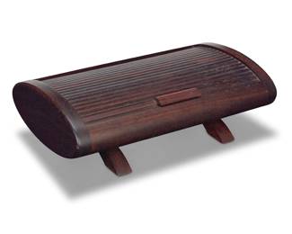 107 Bruce Erdman (20th/21st Century) A walnut tambour jewelry box, 1983 Signed with initials and dated on the underside: B With rolling lid opening to reveal a velvet-lined interior with removeable rail 4.75" H x 14.875" W x 9" D Estimate: $300 - $500