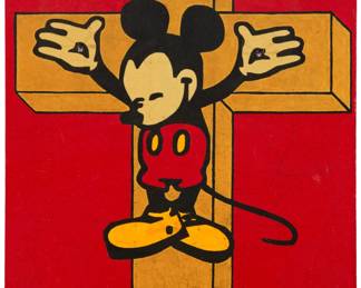 330 Doric T. Jemison-Ball II (20th/21st Century) Crucified Mickey Mouse, 2009 Acrylic with nails on canvas Signed with initials, dated, indistinctly inscribed, and with a black ink Mickey Mouse stamp, all verso: db / 2009 24" H x 18" W Estimate: $300 - $500