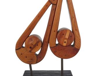 106 Ed Hart (20th/21st Century) Two figures Carved wood on enameled fiberglass and wood base Unsigned Overall: 29.5" H x 19.25" W x 10.75" D Estimate: $600 - $800