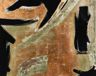 146 20th Century Contemporary School "Peninsula," 1992 Acrylic and gold leaf on panel nailed to artist's frame signed indistinctly and dated lower right: 11-92; signed indistinctly and dated again, and titled, all verso 48" H x 48" W Estimate: $300 - $500