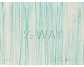 239 After Ed Ruscha (b. 1937) "Hell 1/2 Way Heaven," 1988 Offset lithograph in colors on matt wove paper without watermark, folded as issued From an edition of unknown size and date (aside from the original, limited edition of 100 impressions on Rives paper of a different size, all of which were hand-signed, dated, and numbered by the artist) Unsigned; signed, dated, and numbered "Ed Ruscha '88 2/100" as part of the offset lithographic image Image/Sheet: 8" H x 28.875" W; Folded: 8" H x 9.625" W Estimate: $500 - $700