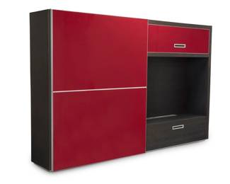 408 A large Ligne Roset wood and glass cabinet Early 21st century Unmarked With sliding glass panel door, one side opening to reveal an upper cabinet door, open compartment, and lower segmented drawer, the other side fitted with three shelves 72" H x 112" W x 20.5" D Estimate: $700 - $900