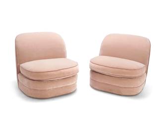79 A pair of Contemporary upholstered slipper chairs Late 20th/early 21st century Each upholstered in a mauve velvet fabric with cording 2 pieces Each: 32" H x 35" W x 36" D Estimate: $600 - $800