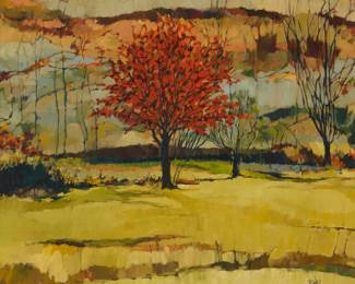 97 Roy Bailey (1933-2002) "Red Tree" Oil on canvas Signed lower right: Bailey; titled in pencil on the stretcher 25" H x 29" W Estimate: $800 - $1,200