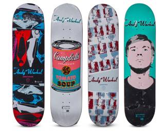 387 After Andy Warhol (1928-1987) Four Alien skateboard decks, early 21st century Each with various printed factory marks Each in original shrink wrap 4 pieces Each: 32" L x 8.25" W Estimate: $600 - $800