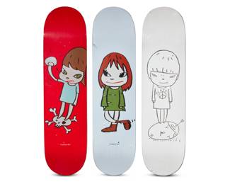 389 Yoshitomo Nara (b. 1959) Three printed skateboard decks, circa 2020s One printed: THE SKATEROOM / Art for Social Impact / [Nara signature] / © Yoshitomo Nara; two printed: MoMA / © Yoshitomo Nara Comprising two issued by MoMA and one by The Skateroom 3 pieces Each: 31.75" L x 8" W x 1" D Estimate: $300 - $500