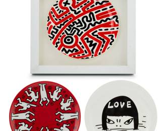 232 Three porcelain plates after Modern artists Three works:  Yoshitomo Nara (b. 1959) "Love from the Sea" plate by Prospect, 2021 From the edition of 250 With printed factory marks, title, date, and inscribed: PRODUCED FOR COALITION FOR THE HOMELESS After the pen on paper work by the same title from 2020 Plate: 10.875" Dia.; Box: 2" H x 12" W x 12" D  After Keith Haring (1958-1990) A plate after "Untitled" (1983) by Prospect, 2021 From the edition of unknown size With printed factory marks, title, date, and inscribed: PRODUCED FOR COALITION FOR THE HOMELESS Mounted in a glazed wood frame Plate: 10.875" Dia.; Framed: 15.625" H x 15.625" W x 2.25" D  After Keith Haring (1958-1990) A plate by Ligne Blanche on Limoges porcelain, 2020s With printed factory marks Housed in original box Plate: 10.875" Dia.; Box: 1.75" H x 11.25" W x 11.25" D  3 pieces Estimate: $200 - $300