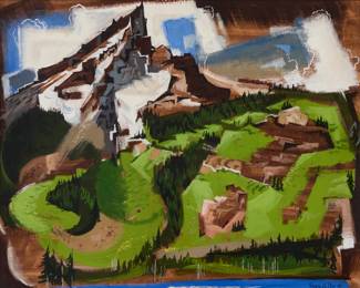 59 Wayne La Com (1922-2019) Sierra landscape, 1950 Oil on board Signed and dated lower right: Wayne La Com '50 19" H x 23.5" W Estimate: $2,000 - $3,000