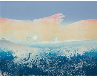 216 June Wayne (1918-2011) "Polar Tidal Wave," 1974 Lithograph in colors on wove paper A bon à tirer impression, aside from the edition of 20 Signed, titled, and inscribed "BAT" in silver metallic ink and with the artist's mushroom blindstamp, lower left: June Wayne; David Hamilton, assisted by Perry Tymeson, prntr.; Cirrus Editions, Los Angeles, CA, pub. with their blindstamp lower left and their pencil work number, 145C-JW74, verso Image/Sheet: 22.5" H x 29.625" W Estimate: $500 - $700