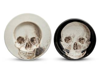 381 Carlos Marchiori (b. 1937) Skull plate and bowl Painted and glazed ceramic Each signed recto: CMarchiori; each signed and inscribed verso: CARLO / MARCHIORI / CA' TOGA 2 pieces Plate: 13.625" Dia. x 1.875" D; Bowl: 11.25" Dia. x 3.875" D Estimate: $400 - $600