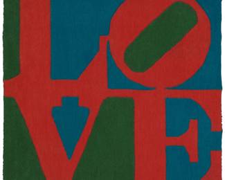 404 After Robert Indiana (1928-2018) "Classic Love," 2007 Hand-tufted Indian wool pile rug Edition: 5,568/10,000, possibly a later edition With the Robert Indiana signature, title, and date printed on the label affixed verso; hand-numbered in blue ink on this same label; Galerie-F, Kranenburg, Germany, pub. 29.5" H × 30" W Estimate: $600 - $800